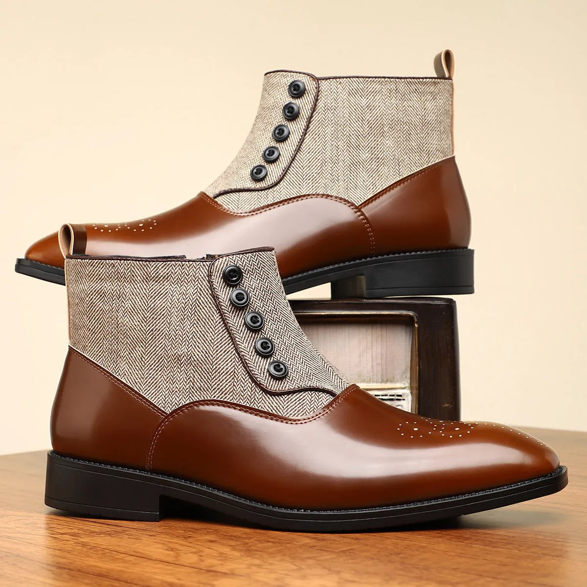Men's brown British retro formal shoes with side zipper and square toe