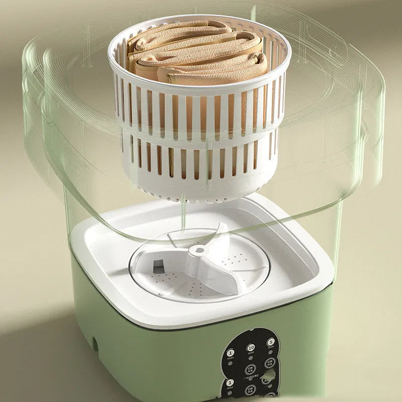 Mini foldable washing machine in green with blue light sterilisation and drain basket