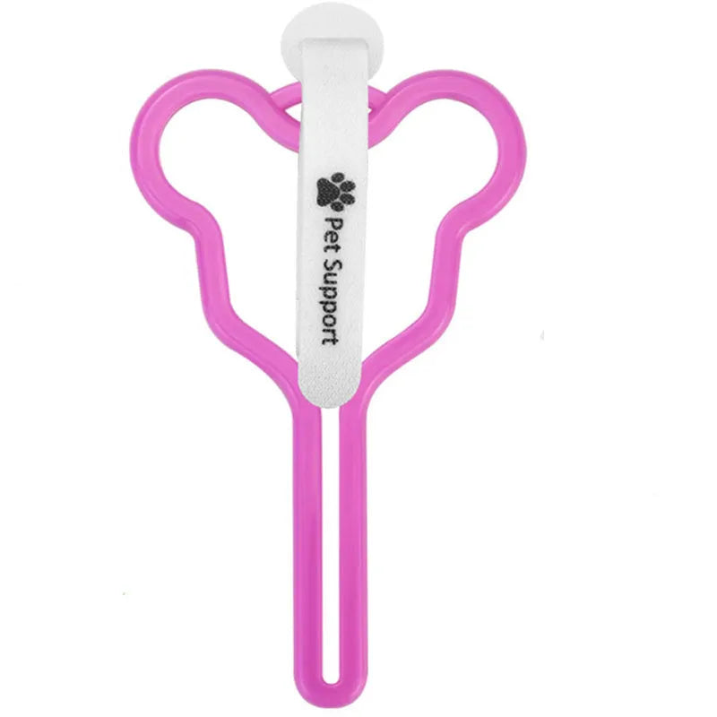 Hands-free dog poo bag holder with velcro strap attached to a dog lead.