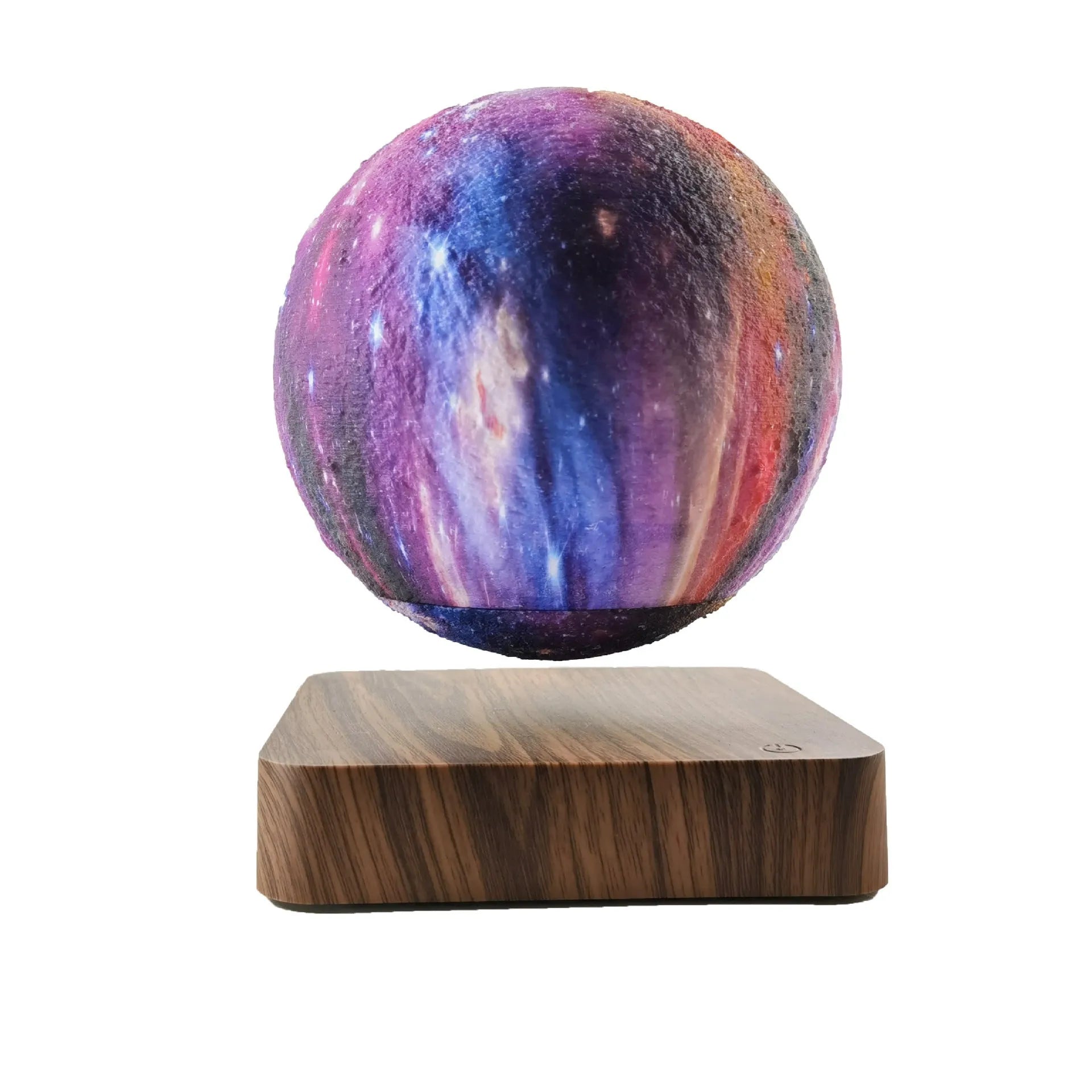 Square walnut coloured magnetic levitation galaxy moon lamp floating above its base