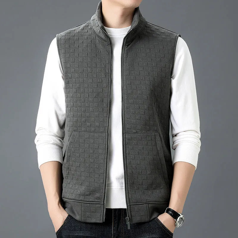Casual sleeveless waistcoat top in chemical fibre blend fabric shown in cardigan style