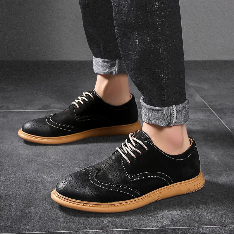 Men's black business leather shoes with lace-up design and leather stitching details