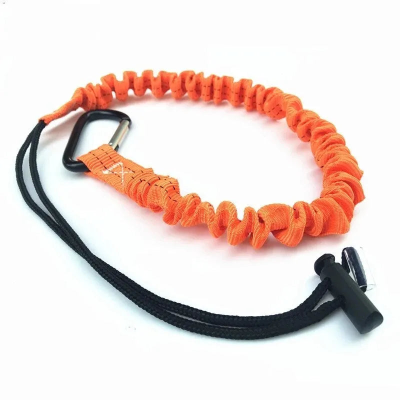 Orange 90 cm long elastic safety rope for fishing rod fall protection.