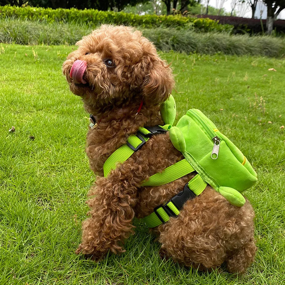 Brown turtle-shaped dog backpack harness with metal zipper and storage compartment