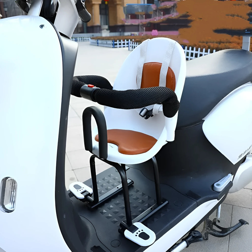 Front baby scooter safety seat with high carbon steel frame in white, red, or black