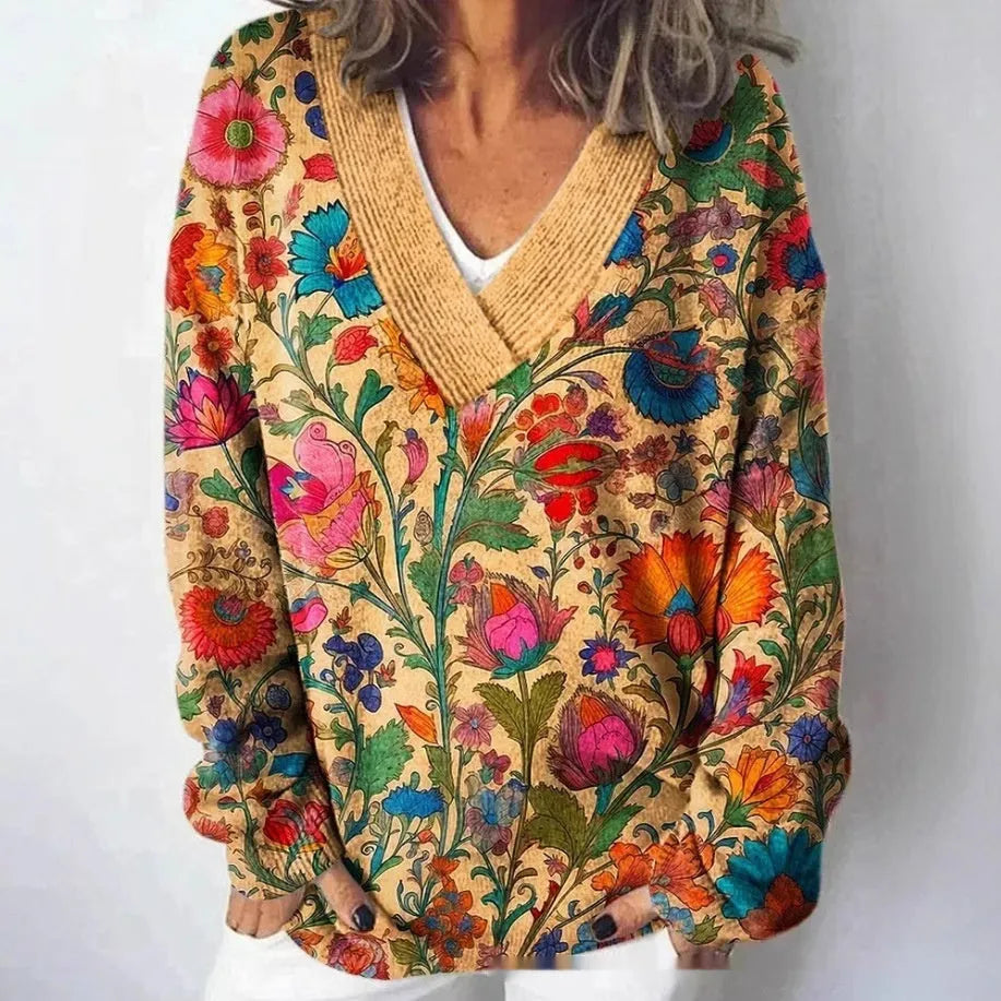 Women's floral pattern printed V-neck sweatshirt with 3D effect and long sleeves