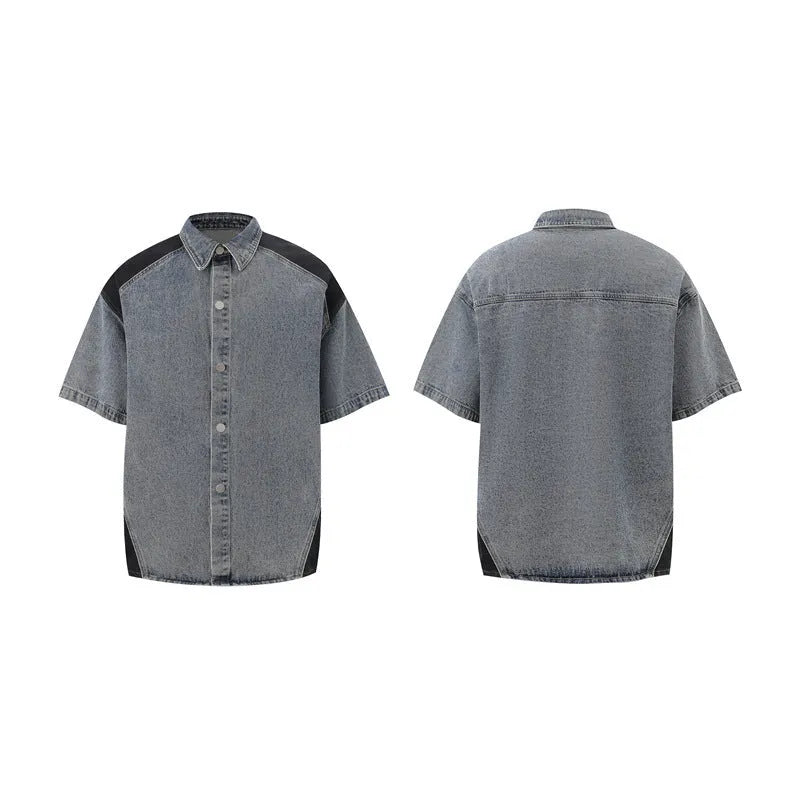 Retro washed blue denim short-sleeve jacket and matching trousers suit laid flat.