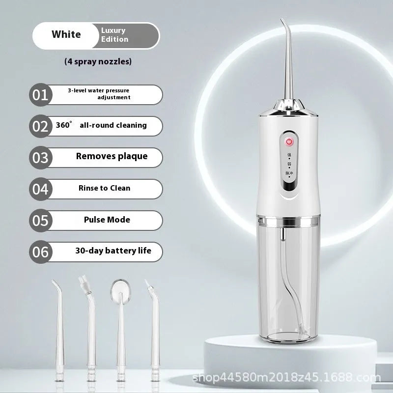 Pink electric water flosser with 300ml tank, multiple nozzles, and IPX7 waterproof design