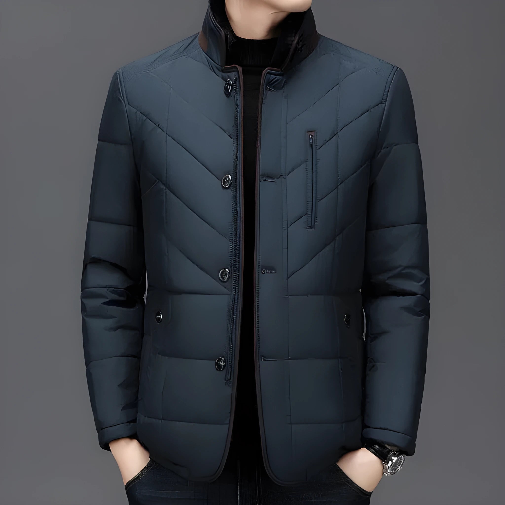 Men's winter padded coat in polyester with cotton filler and side seam pockets