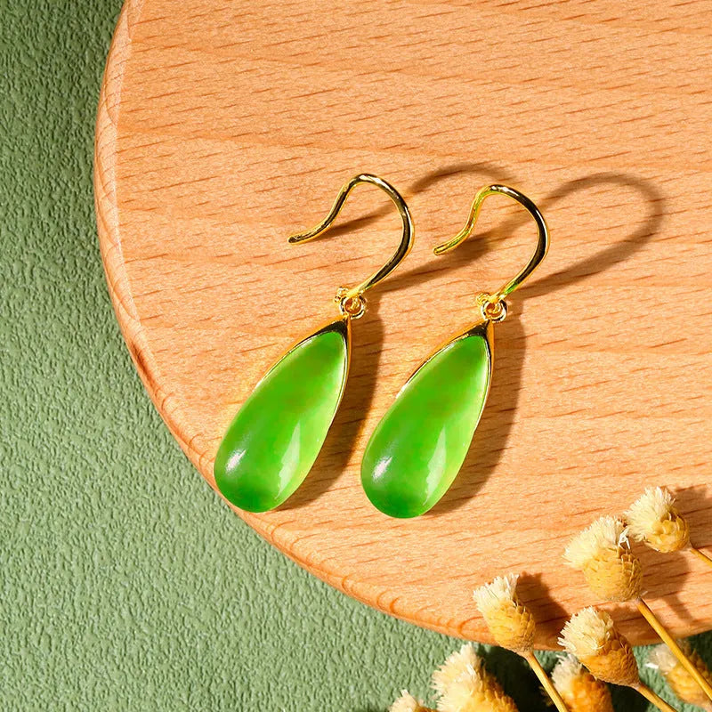 Retro Chinese geometric earrings with water droplet design in electroplated copper with jade colour finish