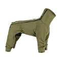 Large dog wearing a windproof polyester shell jacket with turtleneck in army green colour, standing outdoors
