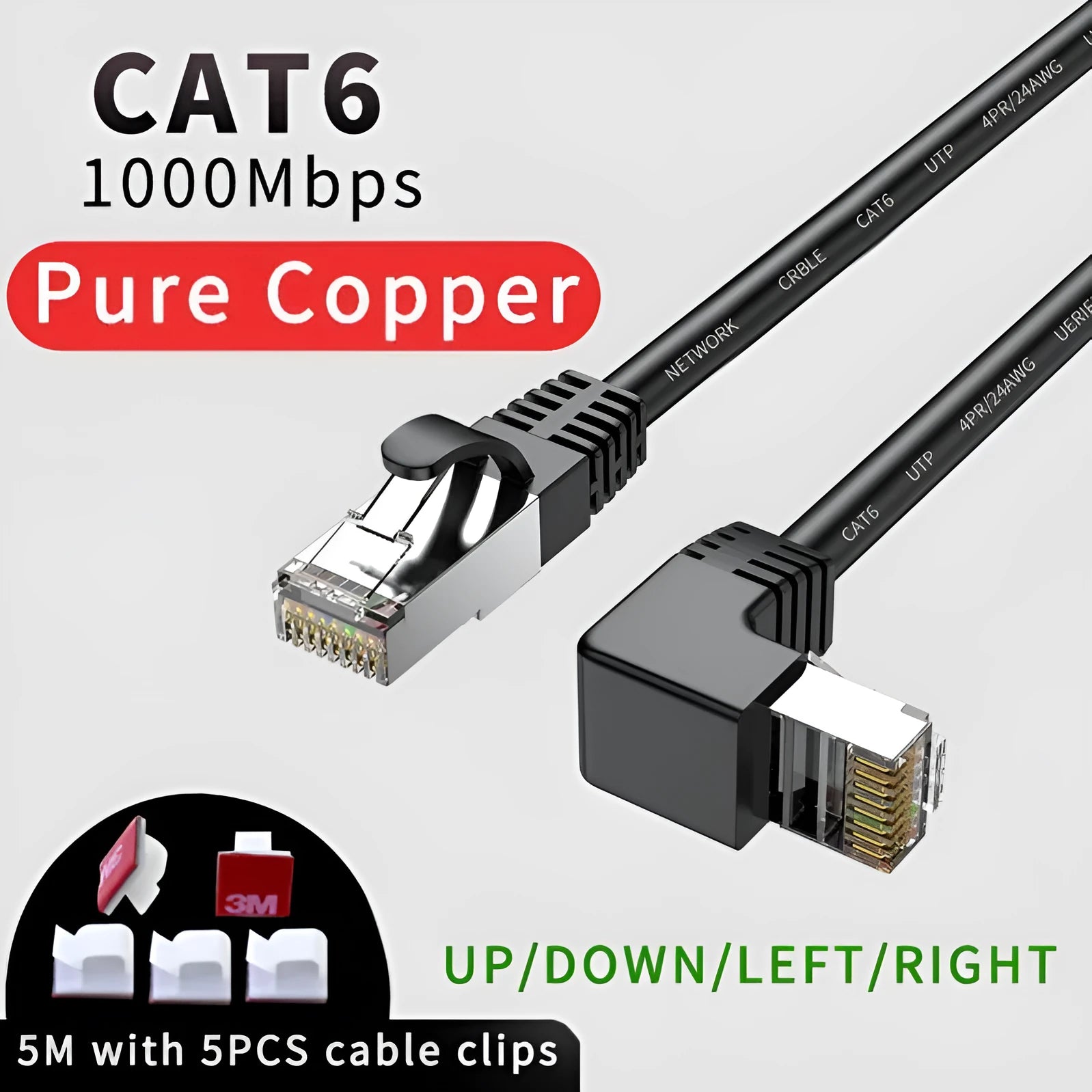Right-angle Cat6 Ethernet cable with metal RJ45 connectors in various colours and lengths