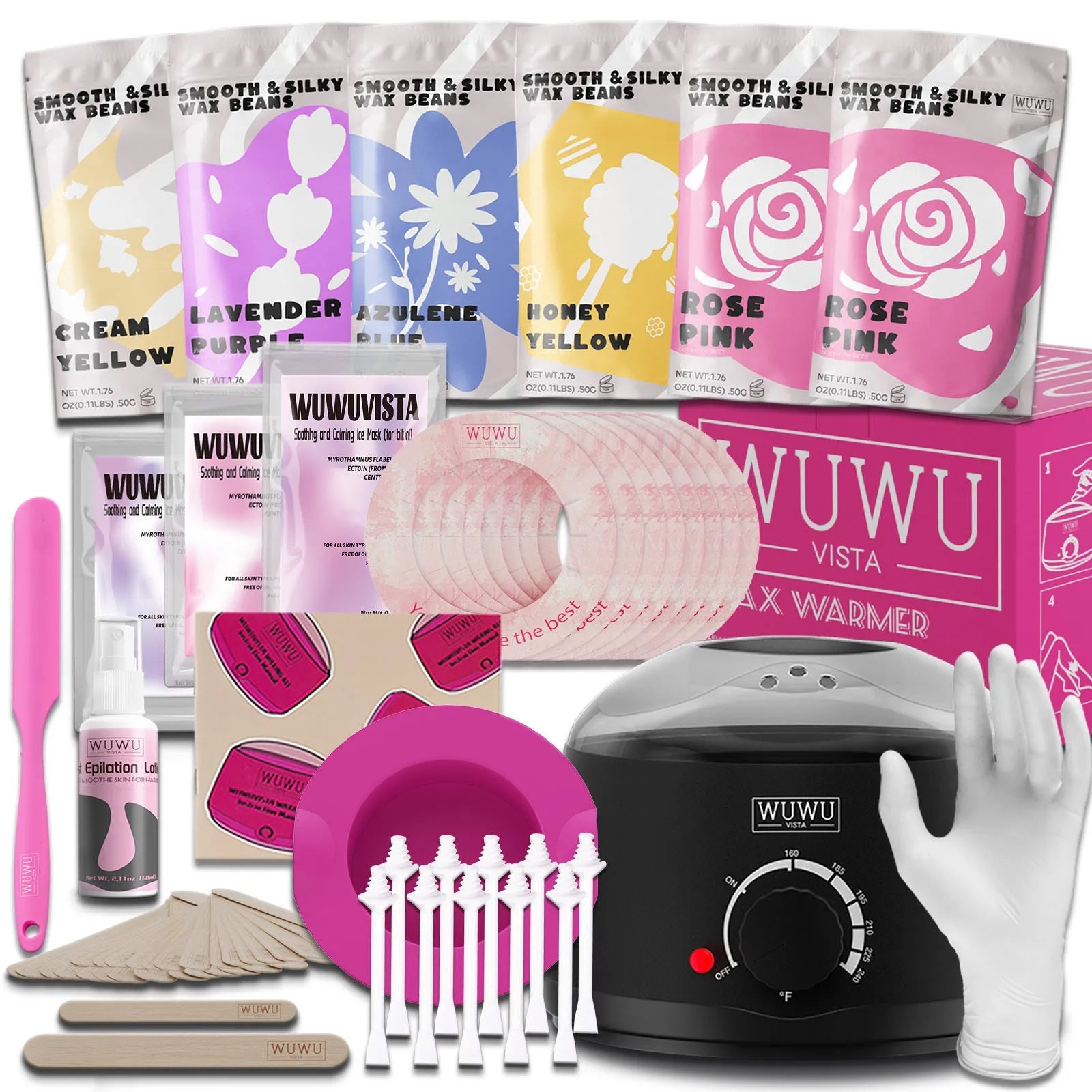 WUWUVISTA professional waxing kit with black smart warmer, wax beads, applicators and aftercare products