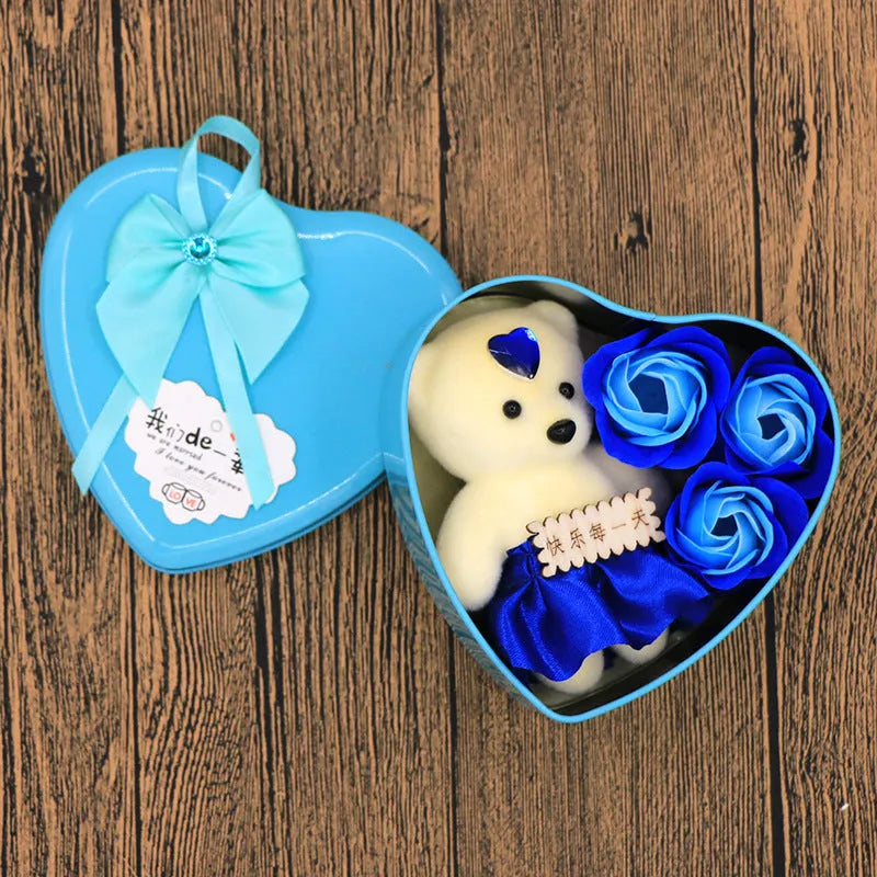Soap flower gift box heart shaped tin box with bear figure red pink blue purple gradient handmade