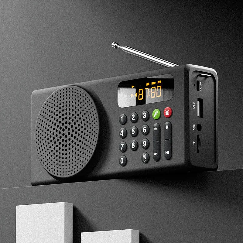 V70 portable emergency radio in white with buttons and speaker grille, showing Bluetooth and FM modes, 160x46x76mm size
