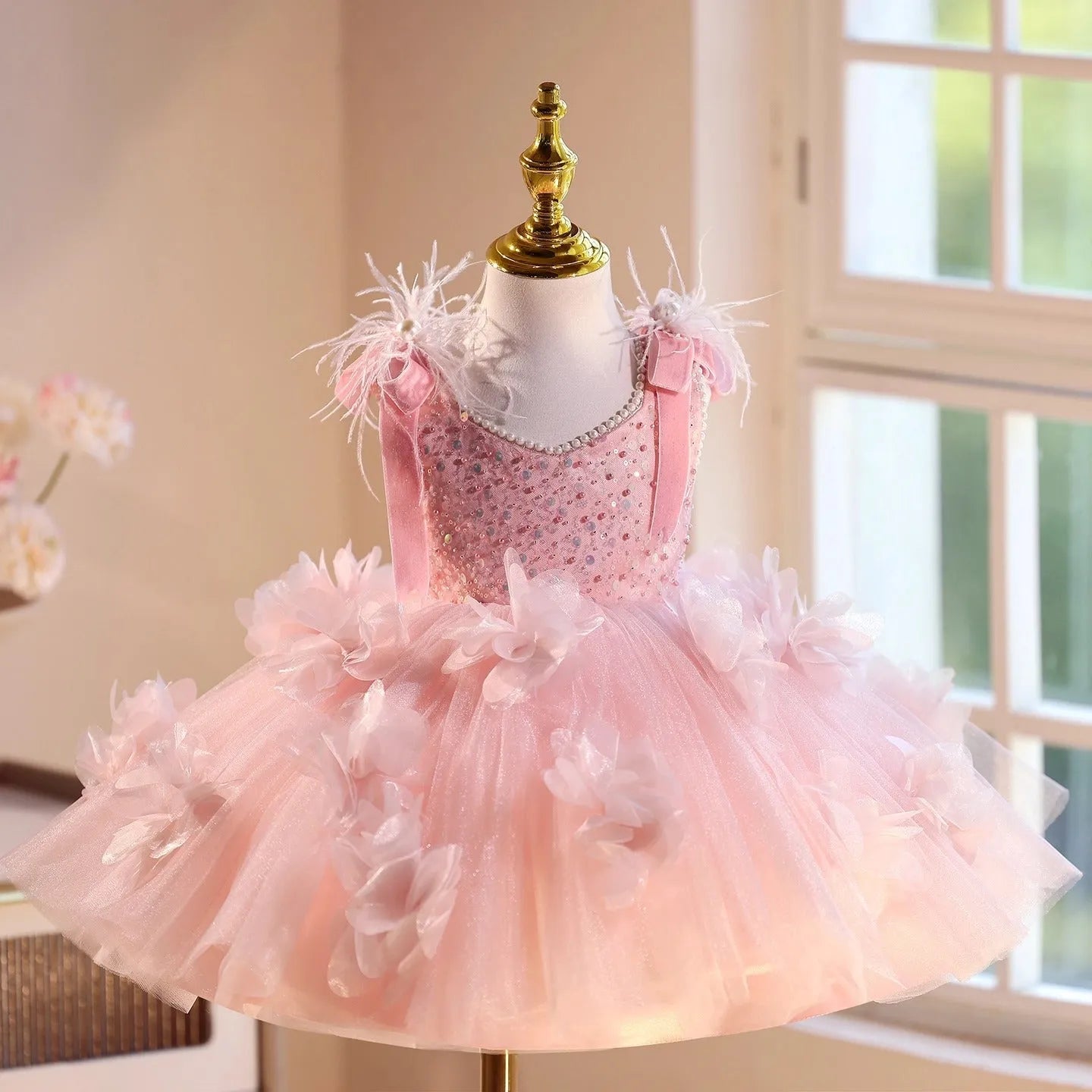 Pink polyester girls' princess dress for piano recital, suitable for height 80-150cm