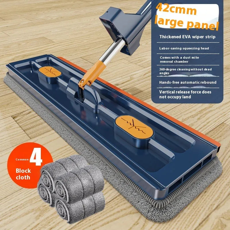 Large flat mop with stainless steel handle and rotating head for floor cleaning