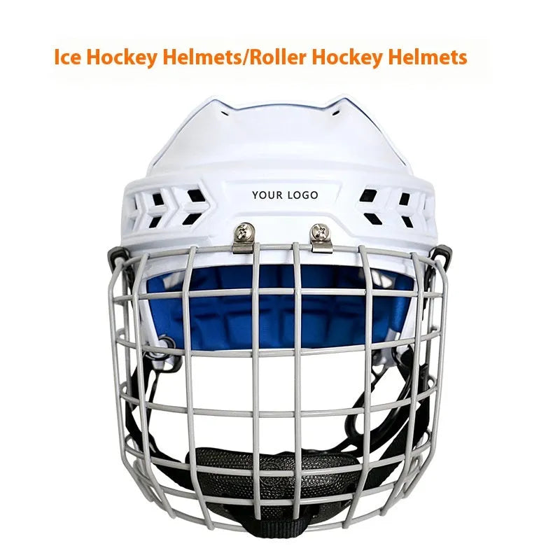 Ice hockey helmet with carbon steel face mask on a white background, showing sizes S, M, L, XL.