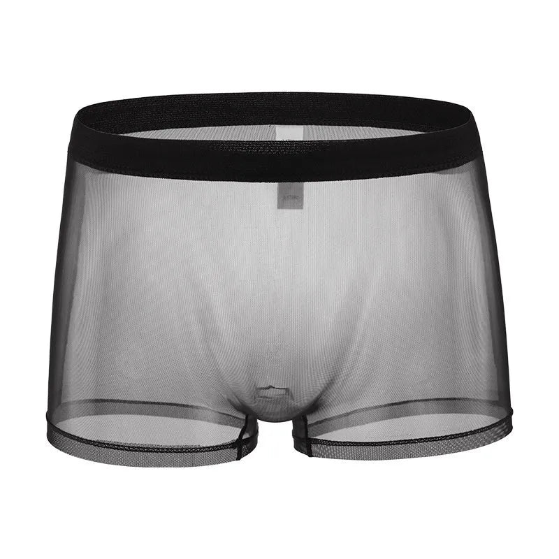 Men's low-waist mesh boxer briefs in six colours: black, white, green, sapphire blue, pink, and skin colour.