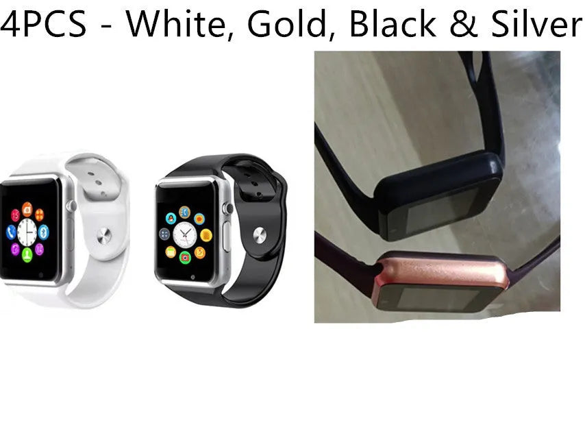 A1 GSM smart watch for Android with camera on a 1.54-inch screen, shown in various colours.