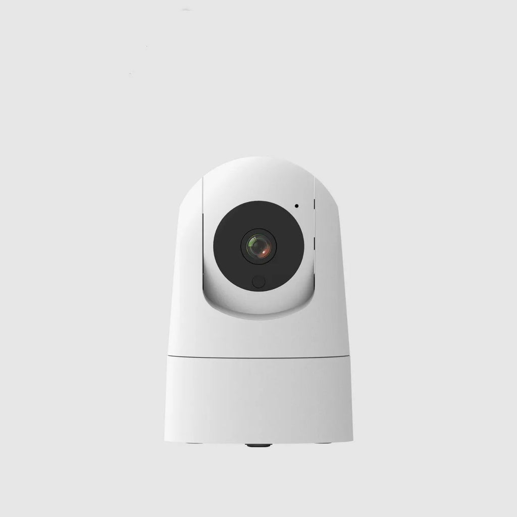 White indoor security camera with lens on a stand, showing compact design.
