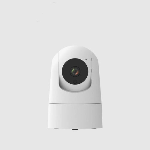 White indoor security camera with lens on a stand, showing compact design.