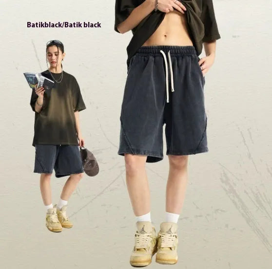 Men's batik washed cotton terry shorts in loose retro style with patchcraft colour effects