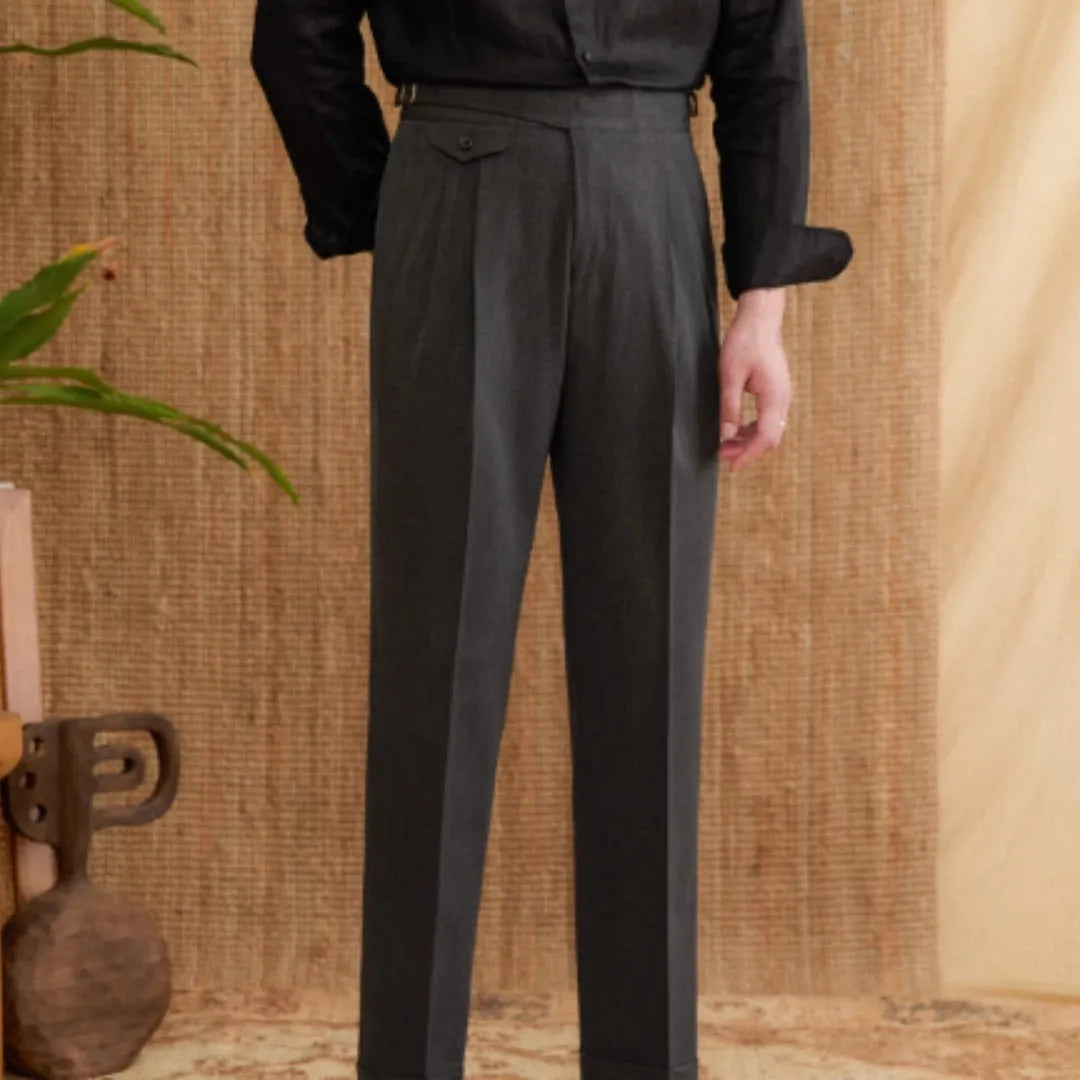 Men's slim fit business casual trousers in polyester available in dark grey, light brown and light apricot