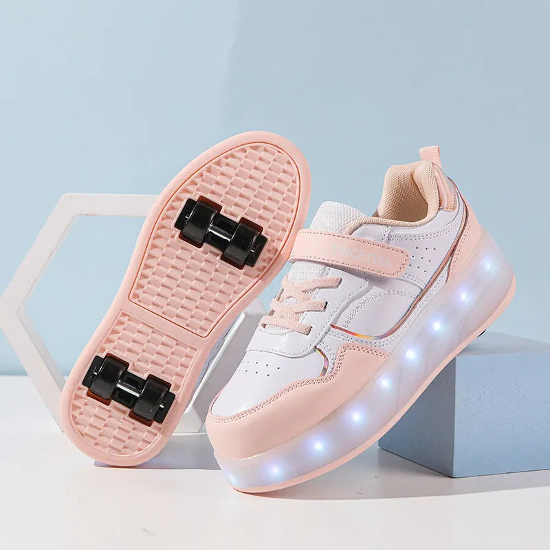 Charging flash roller skates with LED light-up wheels in black, pink, purple and white colour options