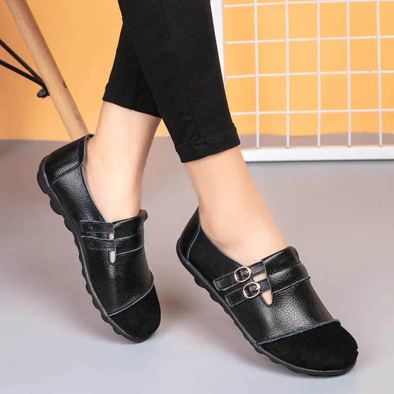 Men's black Velcro casual flat shoes with cow split leather upper and round toe