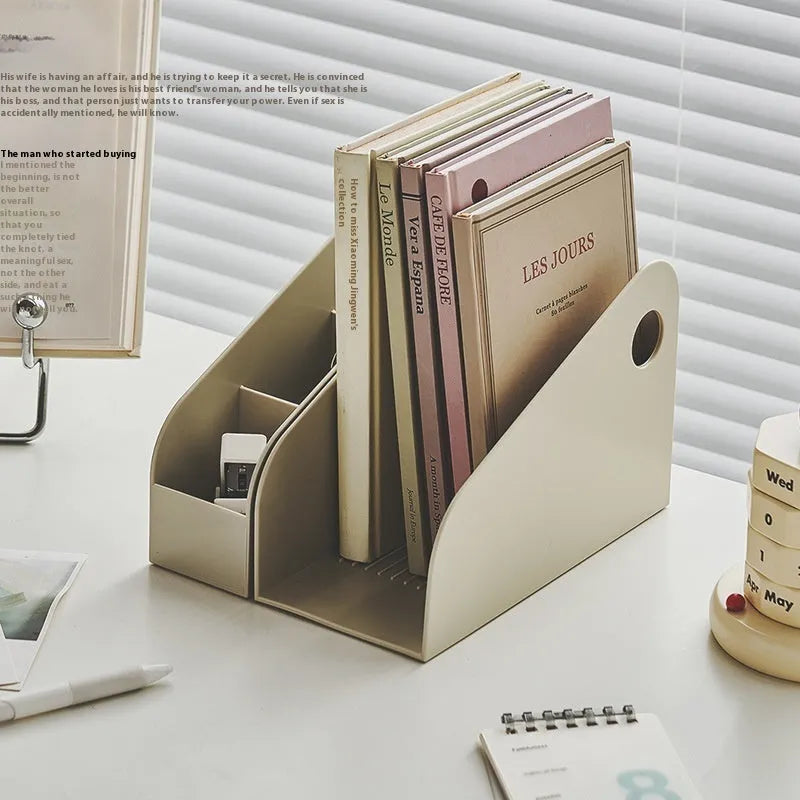 Milk Coffee coloured plastic desktop storage box with two internal grids for documents.