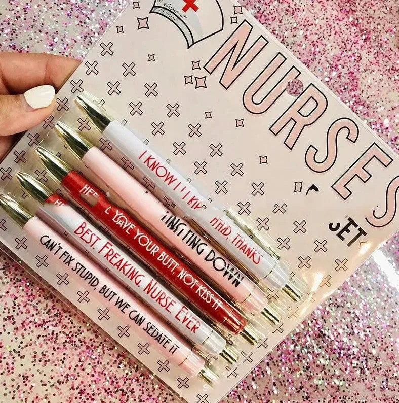 Set of five blue nurse-themed retractable ballpoint pens with plastic casing.