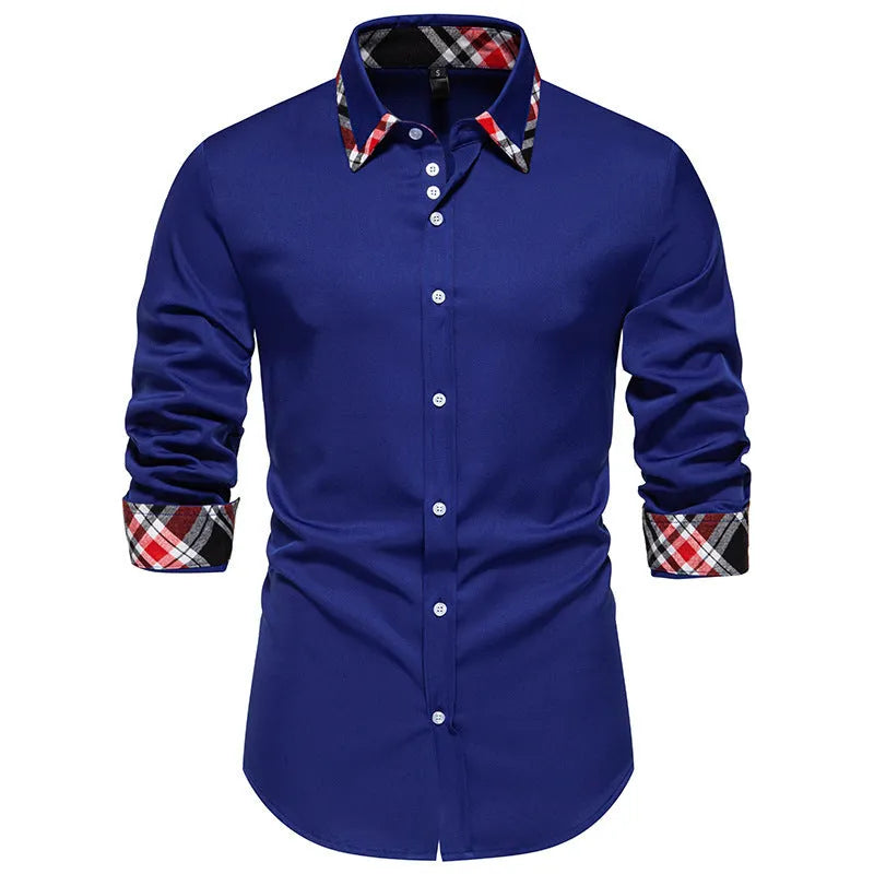 Men's plaid long sleeve shirt with a triangle collar in blue, black, or white.