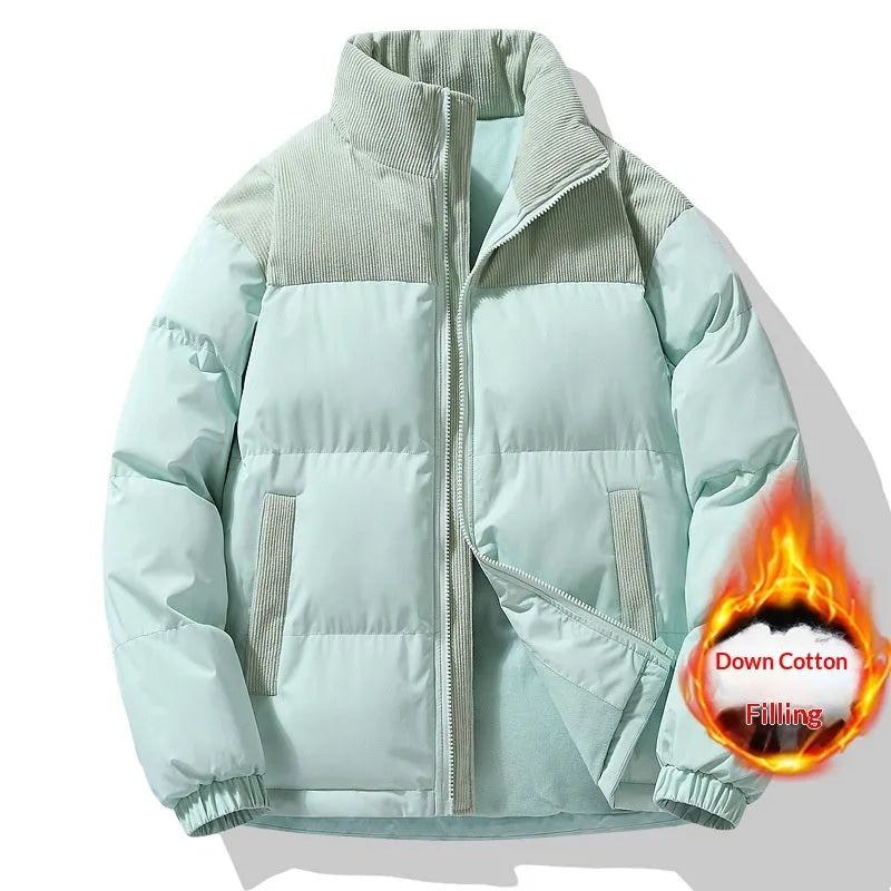 Unisex winter stand-collar padded coat in solid colour, loose fit, side seam pockets, polyester fabric