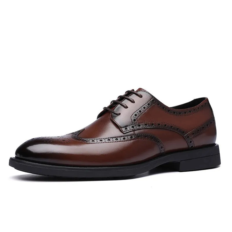 Men's black and brown brogue shoes with traditional wingtip detailing for business wear