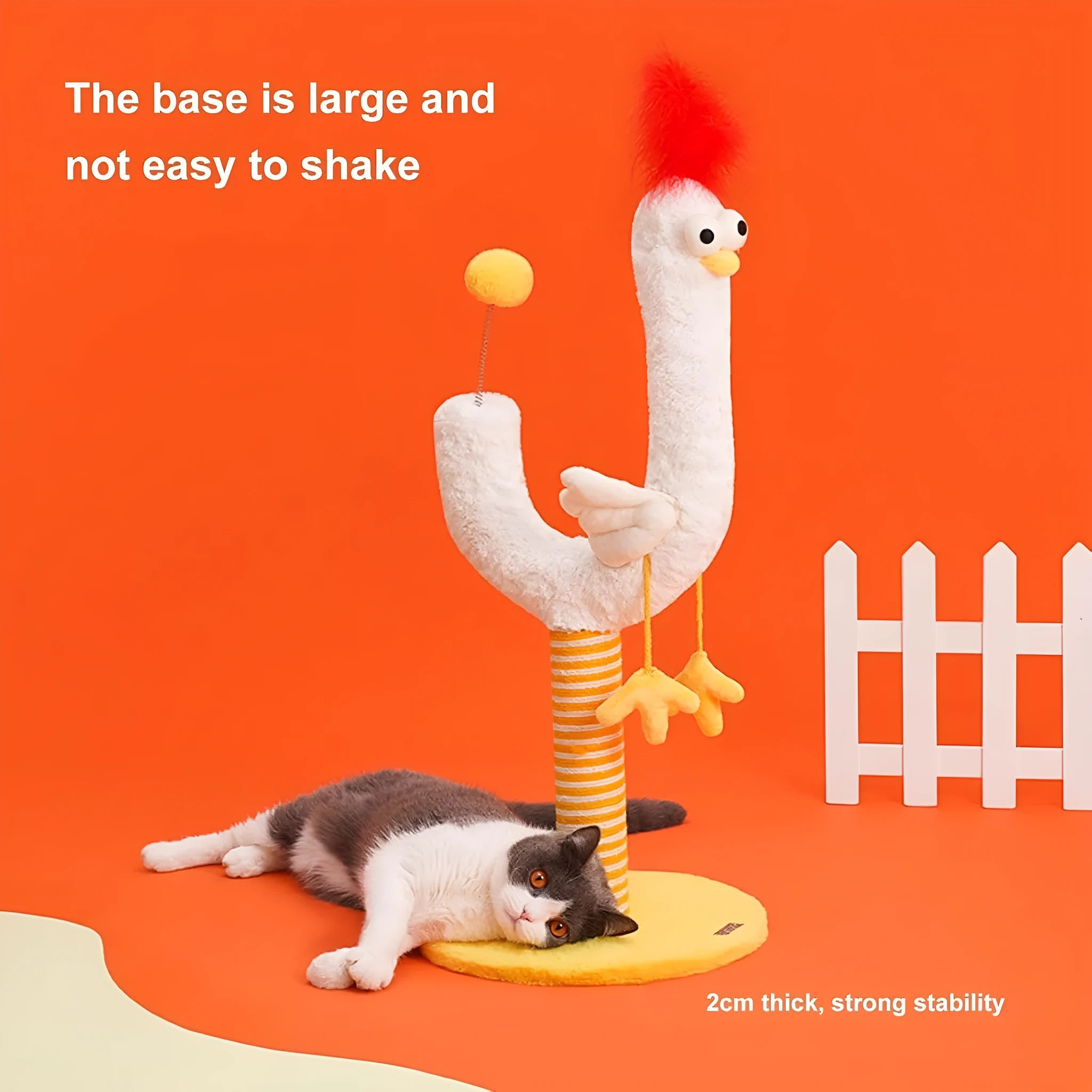 Yellow U-shaped sisal cat scratching post with spring ball attachment measuring 35×35×88cm