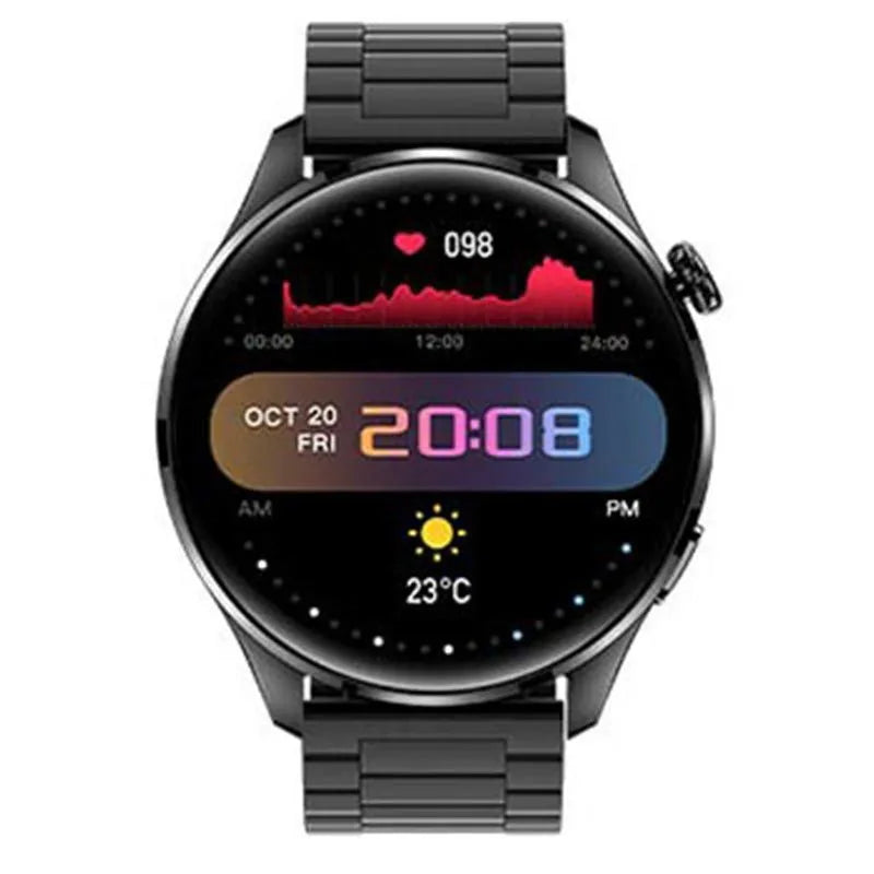 Smart watch with round colour screen and zinc alloy case on a black silicone strap.