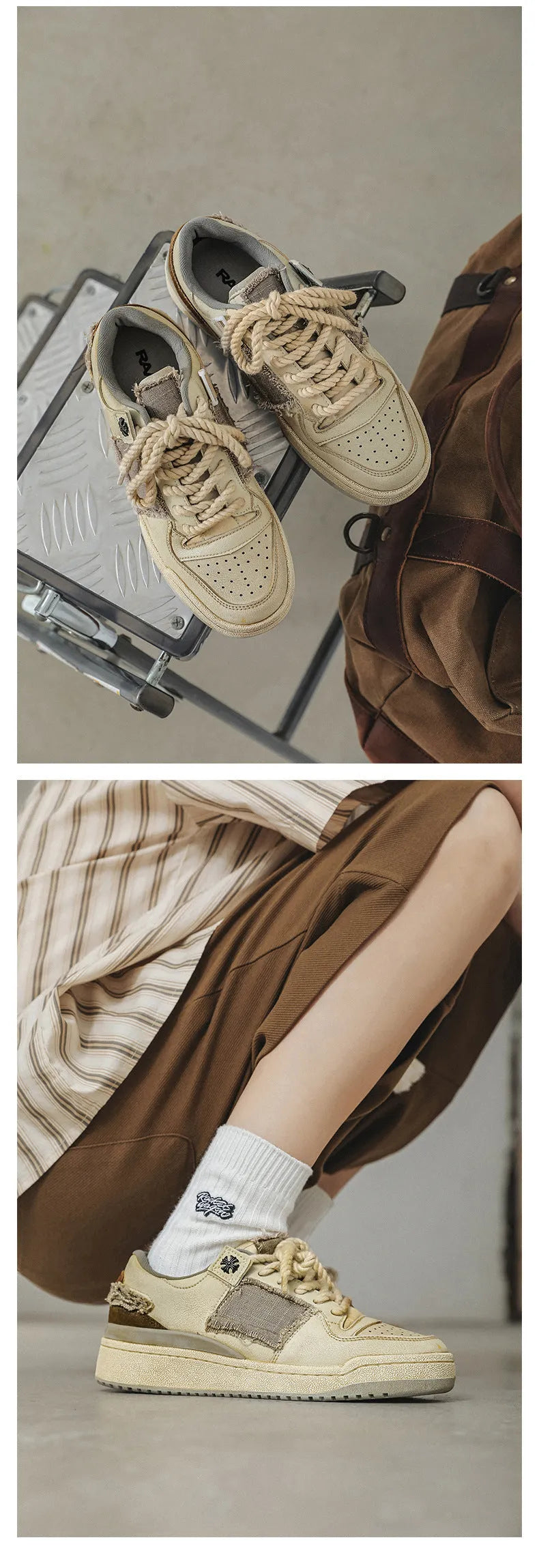 Beige low-top casual skate shoes with lace-up front and flat rubber sole.