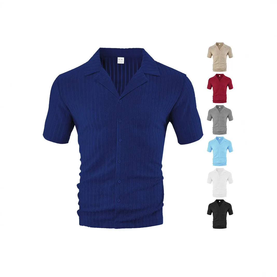 Men's loose casual cardigan short sleeve lapel top in polyester fabric 30 count available in six colours