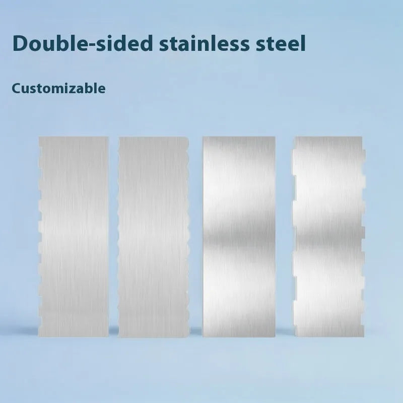 Stainless steel cake decorating scraper showing polygon pattern edge design