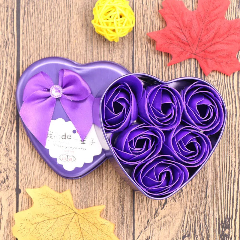 Soap flower gift box heart shaped tin box with bear figure red pink blue purple gradient handmade