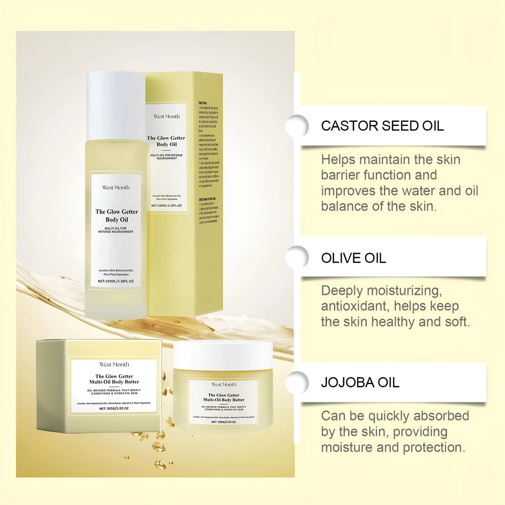 Body care kit with skincare oil and moisturising cream for nourishing and firming