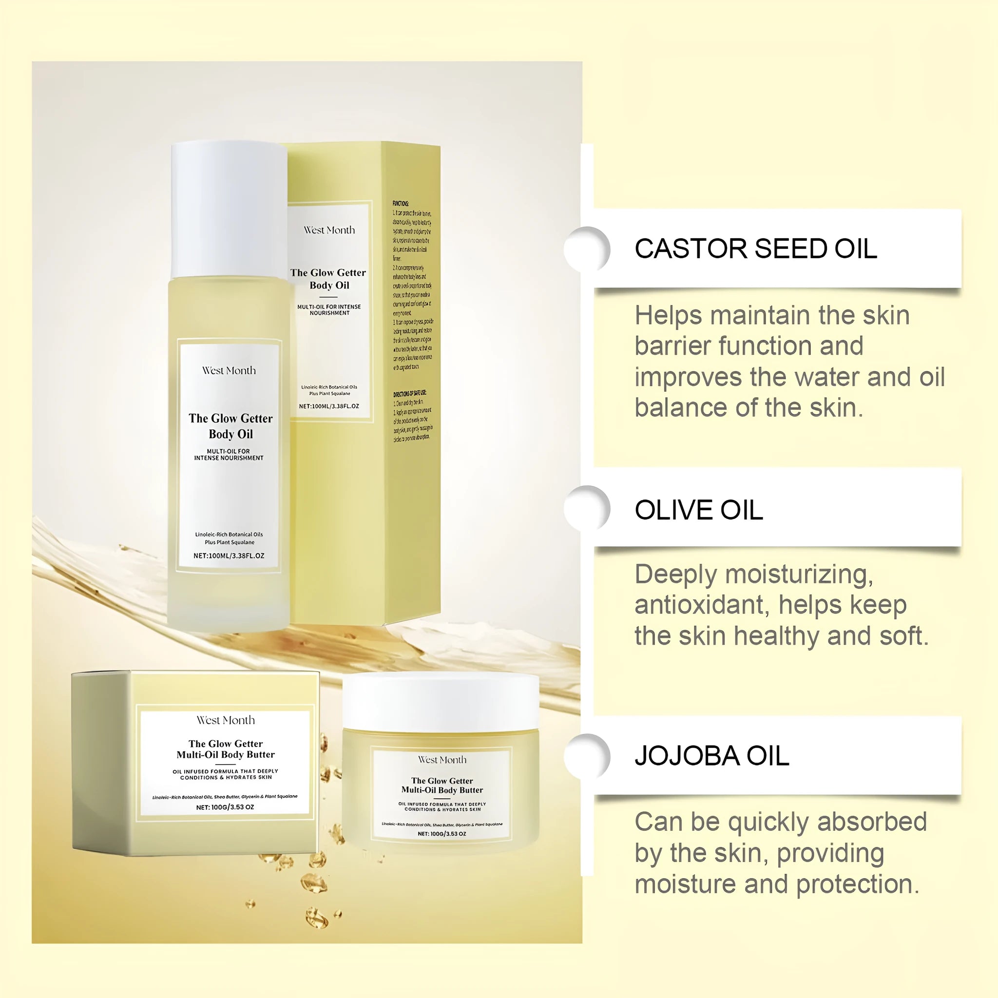Body care kit with skincare oil and moisturising cream for nourishing and firming