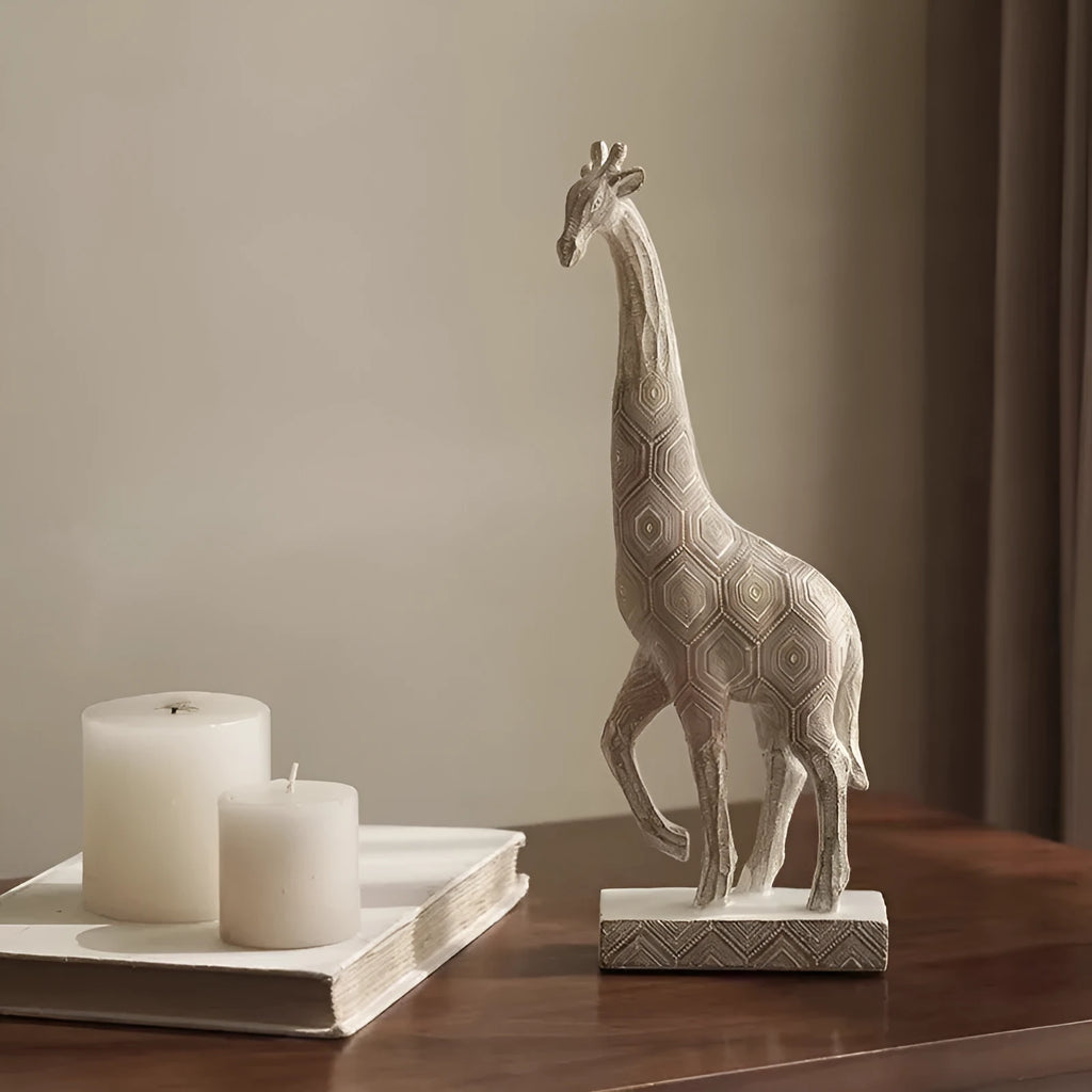 Wood colour synthetic resin giraffe decorative figurine with European style design measuring 30.5cm tall