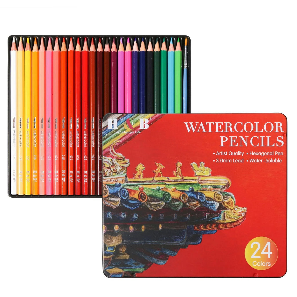 Box of 24 water-soluble coloured pencils in a professional silver metal brush-iron case.