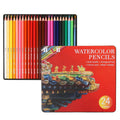 Box of 24 water-soluble coloured pencils in a professional silver metal brush-iron case.