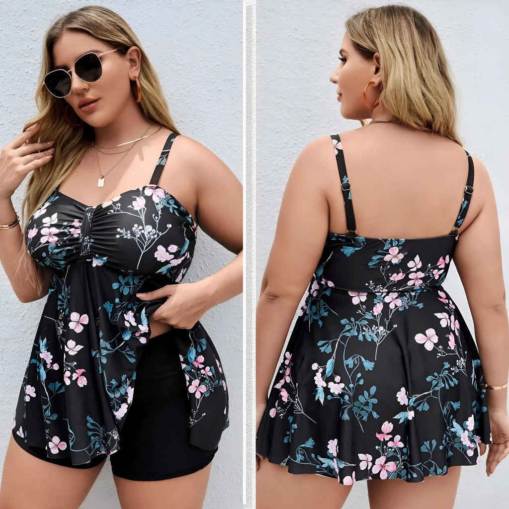 Women's floral print one-piece swimsuit with split colour design and high elasticity fabric