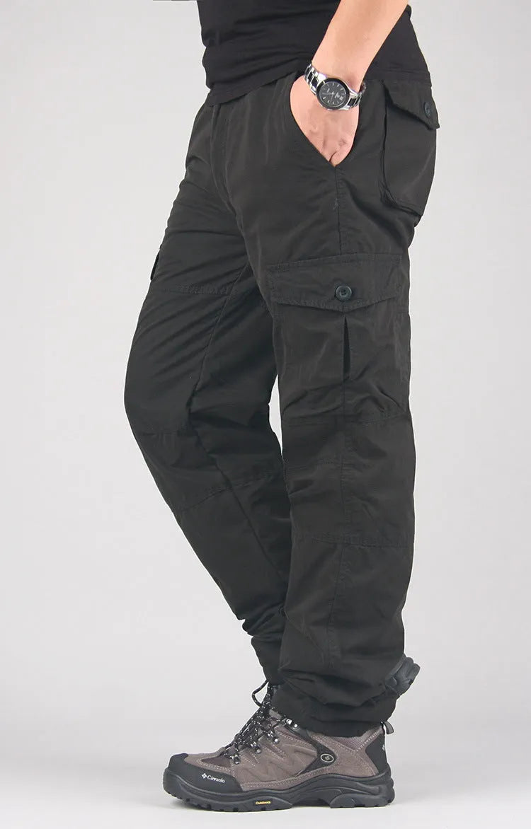 Men's wool-lined cotton velvet work overalls in stone-washed fabric with loose straight-leg cut
