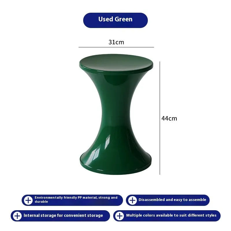 Plastic hourglass-shaped shoe changing stool shown in available colours.