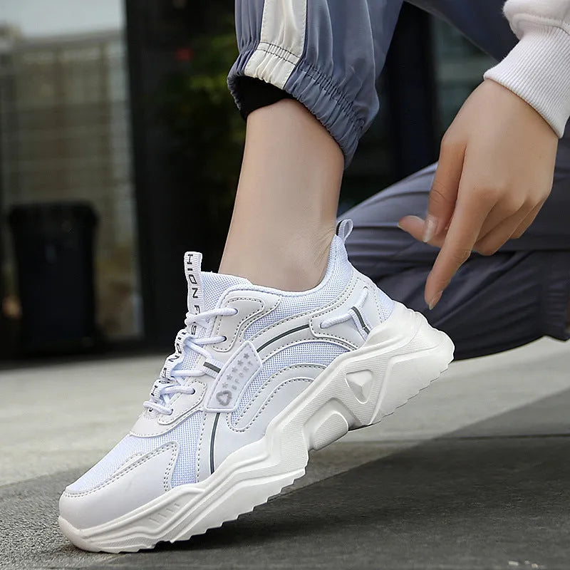 Women's white mesh casual sports shoes with thick PU soles and round toe design